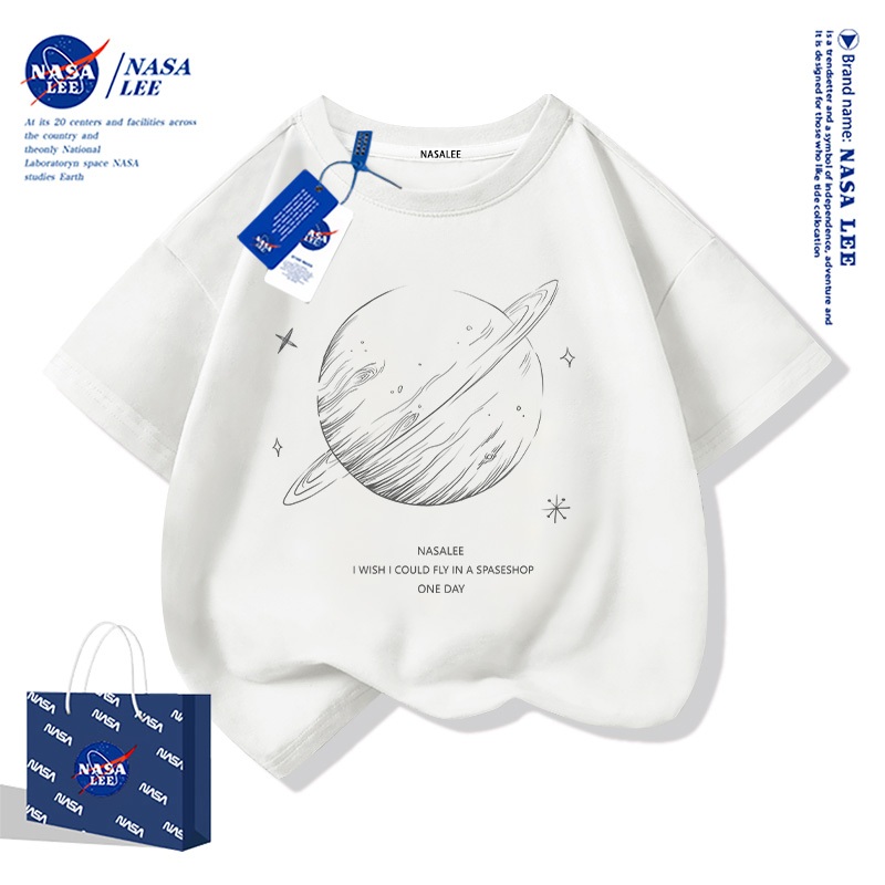 【สินค้าพร้อมส่ง】เสื้อยืดเด็ก NASA ผ้าฝ้ายสีขาว ลายดาวเคราะห์น้อย แขนสั้นสไตล์สบายๆ สำหรับเด็กชายและเด็กหญิง