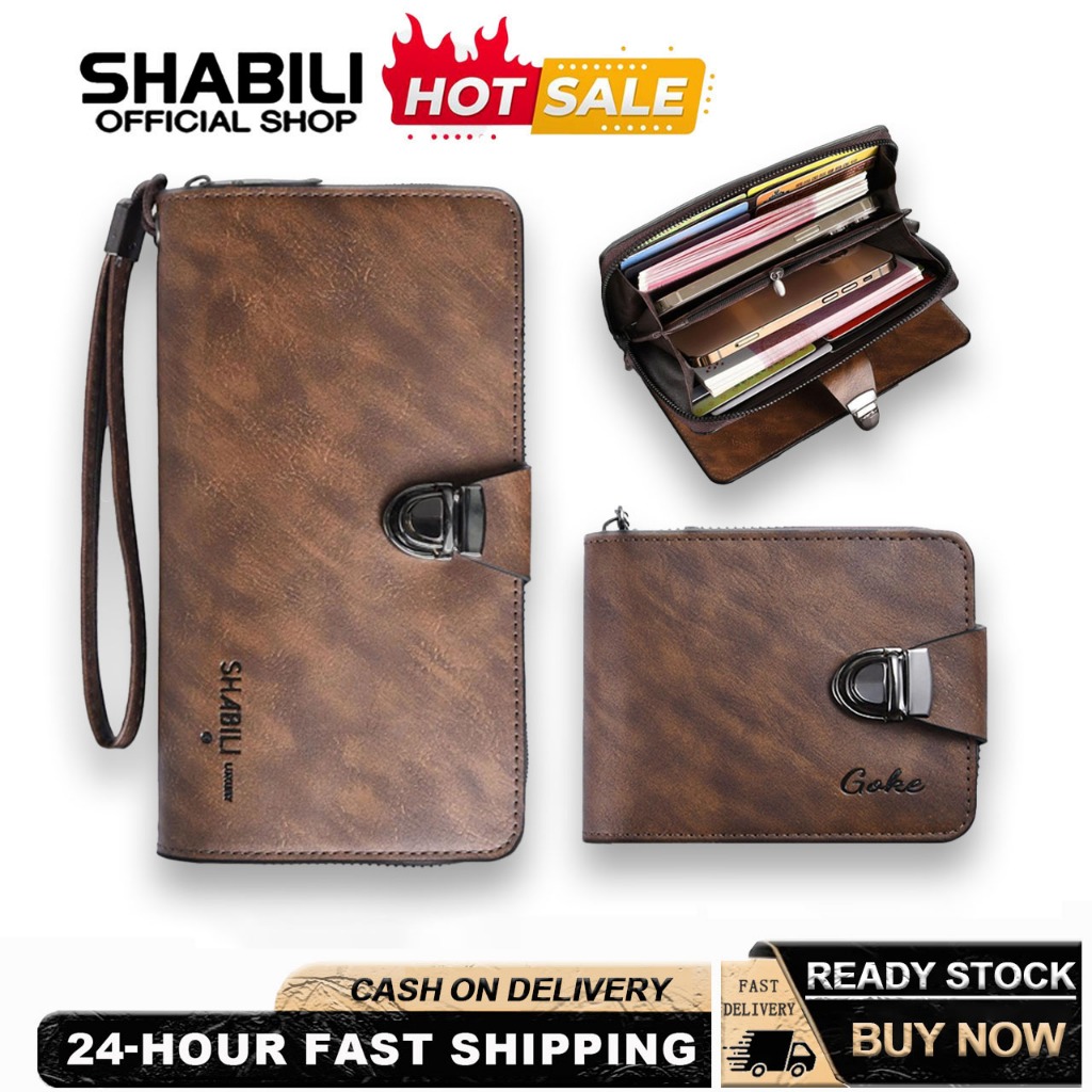 SHABILI กระเป๋าสตางค์วินเทจผู้ชาย ใบยาว ใบสั้น หนัง PU คุณภาพสูง ใส่เหรียญ ความจุใหญ่ ใส่โทรศัพท์ หลายช่อง