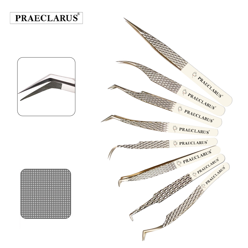 PRAECLARUS แหนบสแตนเลส Fibrous Design & Diamond Grip รูปแบบบน Tip Precision ทนทานโค้ง Professional สําหรับ Classic Lash Fanning Volume Twezer เครื่องมือ