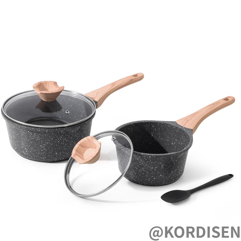 KORDISEN Maifan ไม่ติดหม้อ หม้อซุป กระทะหินอ่อน ด้ามไม้ ขนาดเล็ก เหมาะสำหรับเตาแม่เหล็กไฟฟ้า และเตาแก๊ส ขนาด 17.5 ซม.+ 22 ซม. สูท