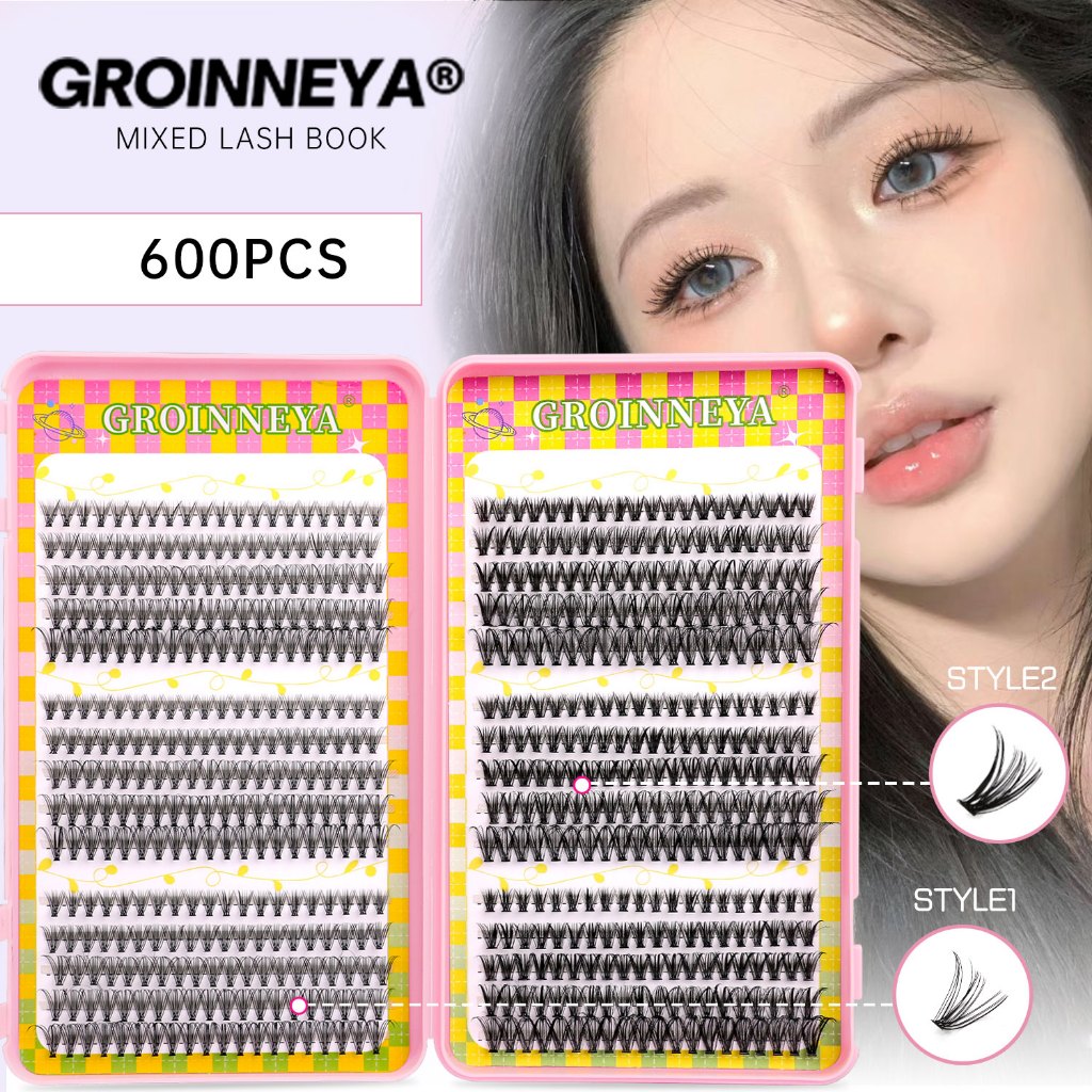 GROINNEYA Lash Clusters Fluffy Cat Lashes 600 ชิ้นขนตาขนตาคลัสเตอร์ DIY ที่บ้าน