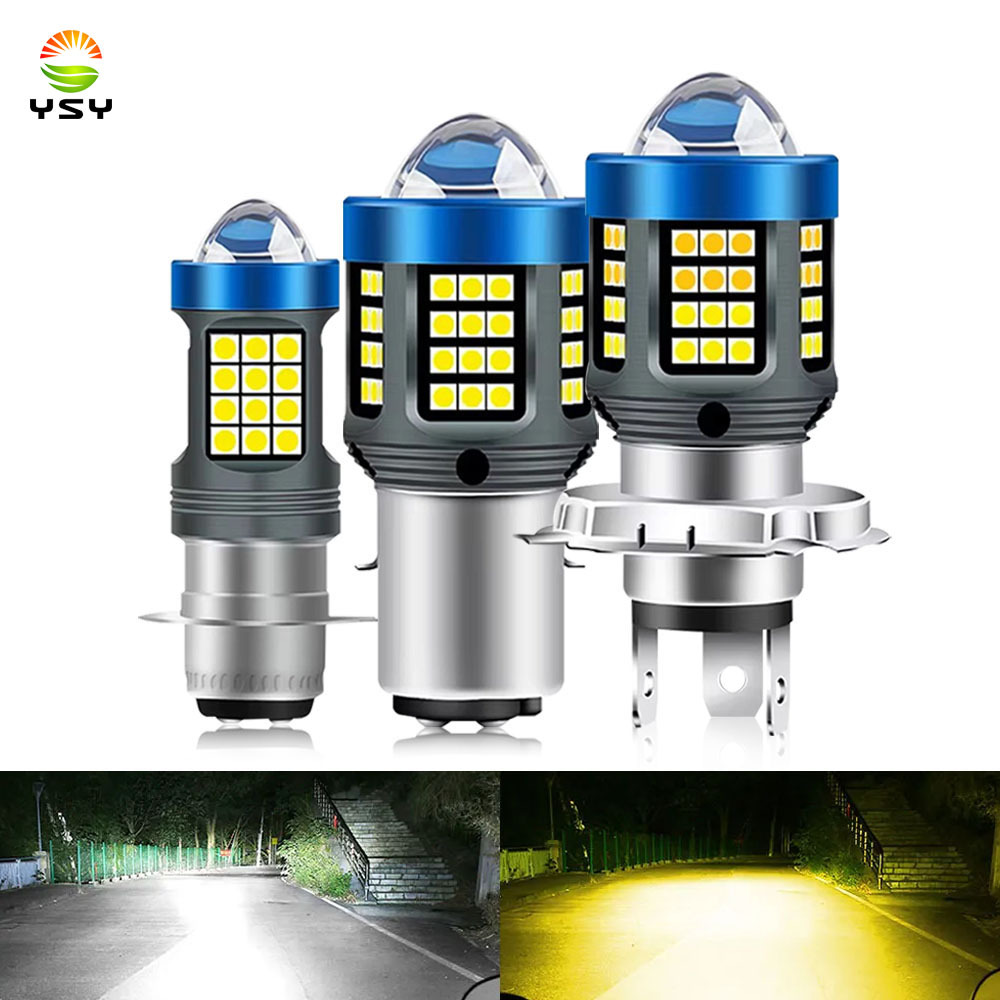 1pcs CSP LED รถจักรยานยนต์สกู๊ตเตอร์ไฟหน้า H4 H6/BA20D P15D Dual-Color สีขาว/สีเหลืองเลนส์แสงสีขาว