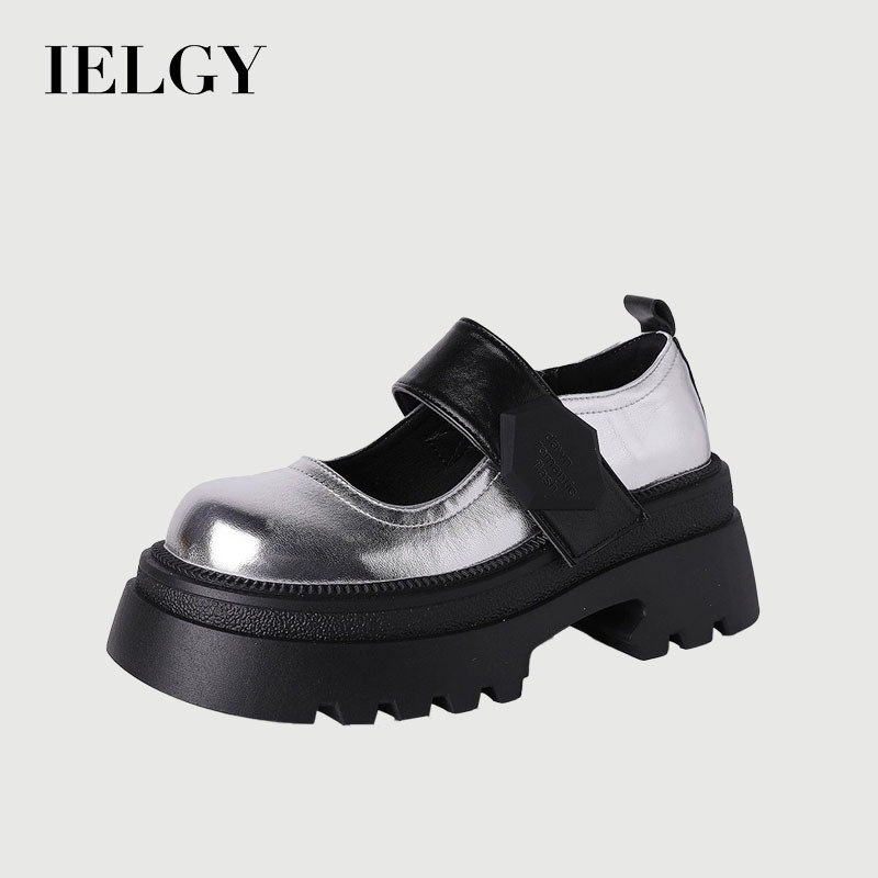 IELGY แมรี่ เจน รองเท้าผู้หญิงรองเท้าหนังสีดํารองเท้าพื้นหนาสไตล์จีนใหม่