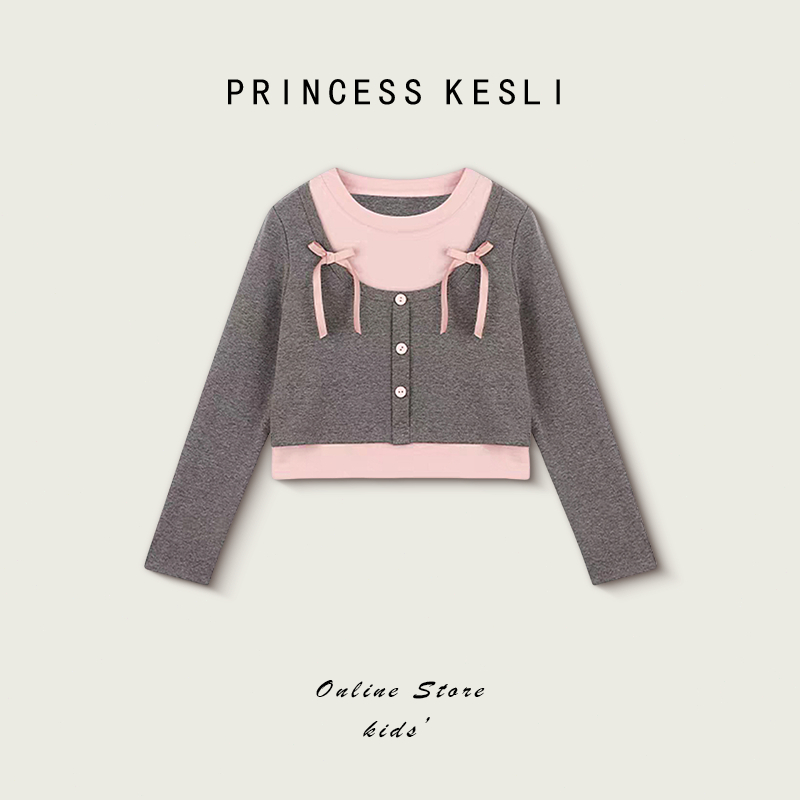 Princess Kesli เสื้อแขนยาวเด็ก แบบสองชั้นเทียม ผ้ายืด ลำลองสบายๆ แฟชั่นฤดูใบไม้ผลิ 1-12 ปี