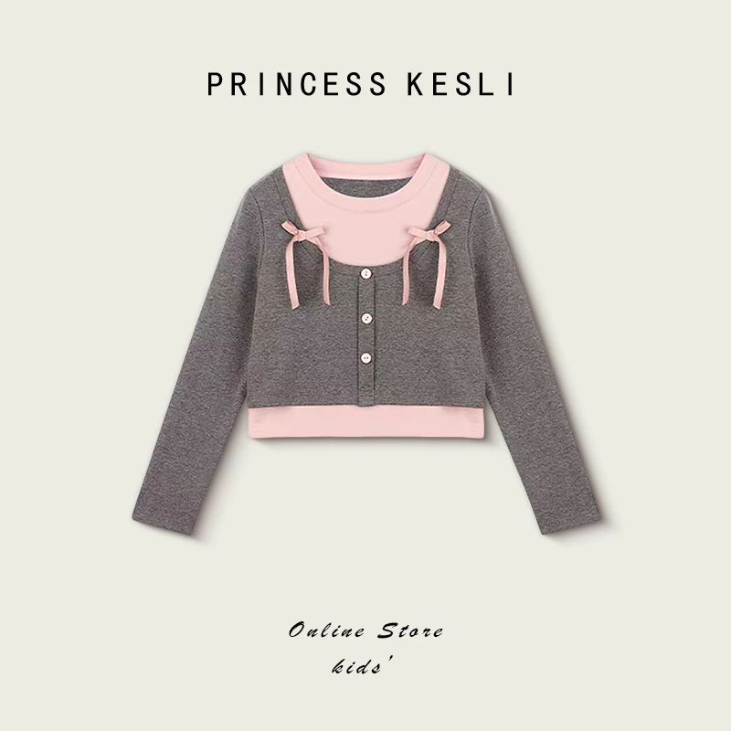Princess Kesli เสื้อแขนยาวเด็ก แบบสองชั้นเทียม ผ้ายืด ลำลองสบายๆ แฟชั่นฤดูใบไม้ผลิ 1-12 ปี