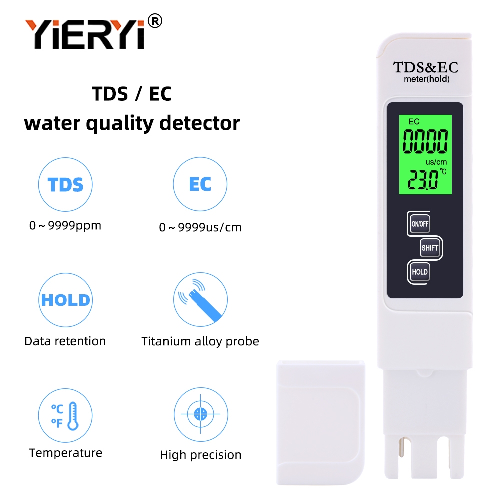 YIERYI TDS/EC Meter - 0-9999ppm/μS/cm Range, Titanium Alloy Probe, 4 โหมดสวิทช์สําหรับดื่ม/พิพิธภัณฑ์สัตว์น้ํา/Lab,ถังปลา,สระว่ายน้ํา