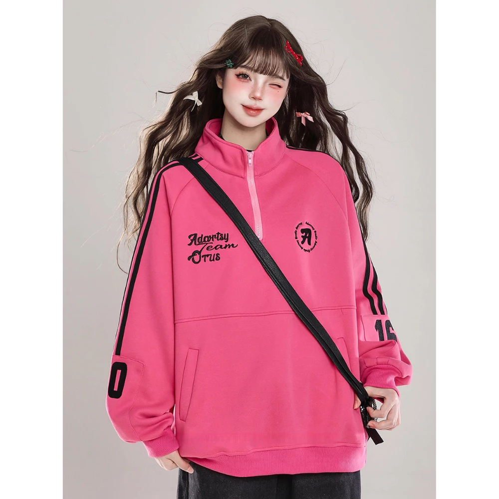 Solovely ผู้หญิง สไตล์เกาหลี แขนยาว ลายทาง เสื้อกันหนาว ปักลาย คอโปโล โอเวอร์ไซส์ เสื้อสเวตเตอร์