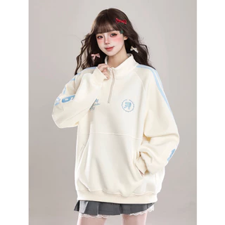 Solovely ผู้หญิง สไตล์เกาหลี แขนยาว ลายทาง เสื้อกันหนาว ปักลาย คอโปโล โอเวอร์ไซส์ เสื้อสเวตเตอร์