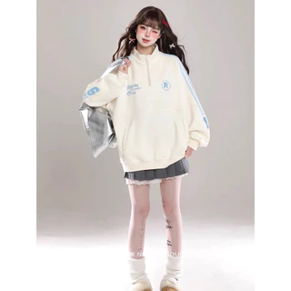 Solovely ผู้หญิง สไตล์เกาหลี แขนยาว ลายทาง เสื้อกันหนาว ปักลาย คอโปโล โอเวอร์ไซส์ เสื้อสเวตเตอร์