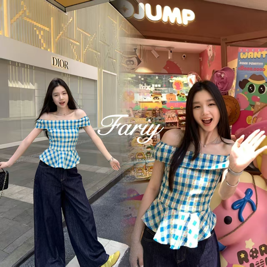 Fariy🍒คลังสินค้าพร้อม🍒 เสื้อเชิ้ตลายสก็อตเปิดไหล่สำหรับผู้หญิง สไตล์เกาหลี ทรงเข้ารูป ทรงเข้ารูป เอวสูง ทรงเข้ารูป