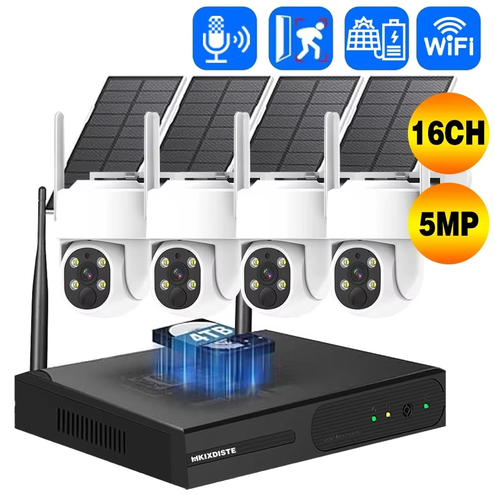 ระบบกล้องวงจรปิดไร้สาย 5MP พลังงานแสงอาทิตย์ 16CH NVR WiFi PTZ กล้อง IP ชุดความปลอดภัยกลางแจ้งเสียงส