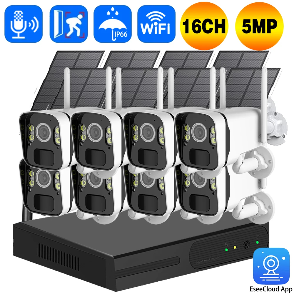 16CH 5MP NVR แผงโซลาร์เซลล์ไร้สายแบตเตอรี่กล้อง WIFI WiFi NVR ชุดระบบรักษาความปลอดภัยการเฝ้าระวังวิด
