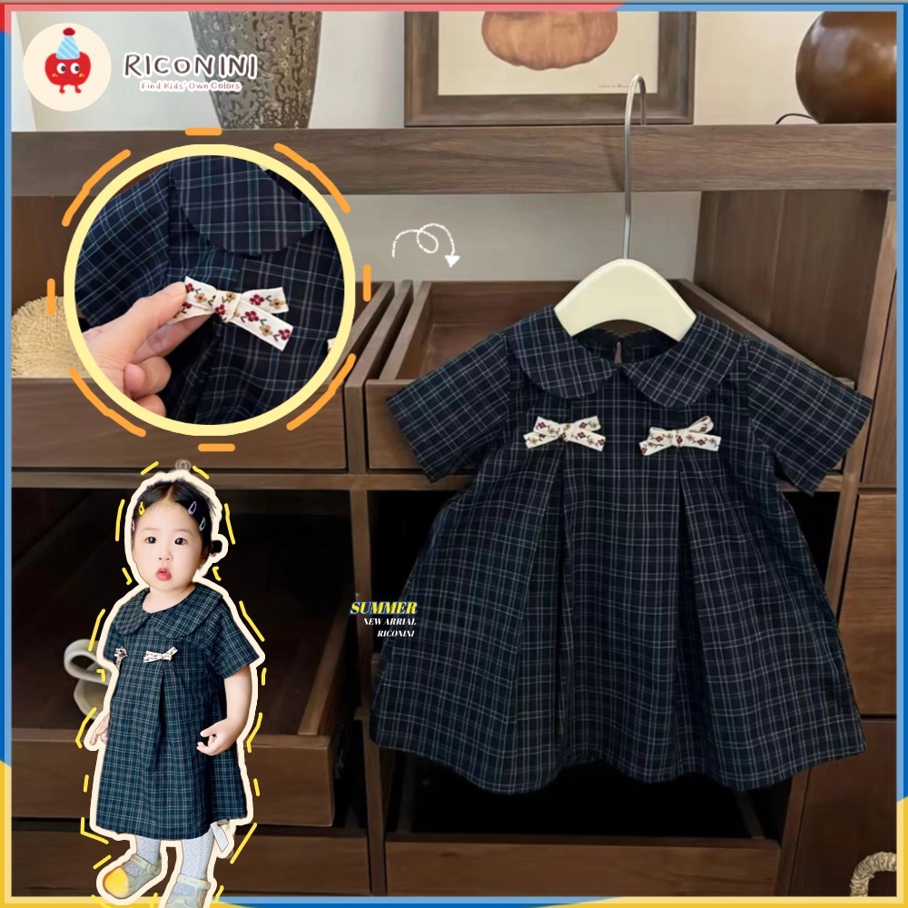 RICONINIBaby Girl ชุดเจ้าหญิงเด็กลายสก๊อต - 2025 ฤดูร้อนใหม่ Bow Accent ชุดเด็กวัยหัดเดินสไตล์เกาหลี