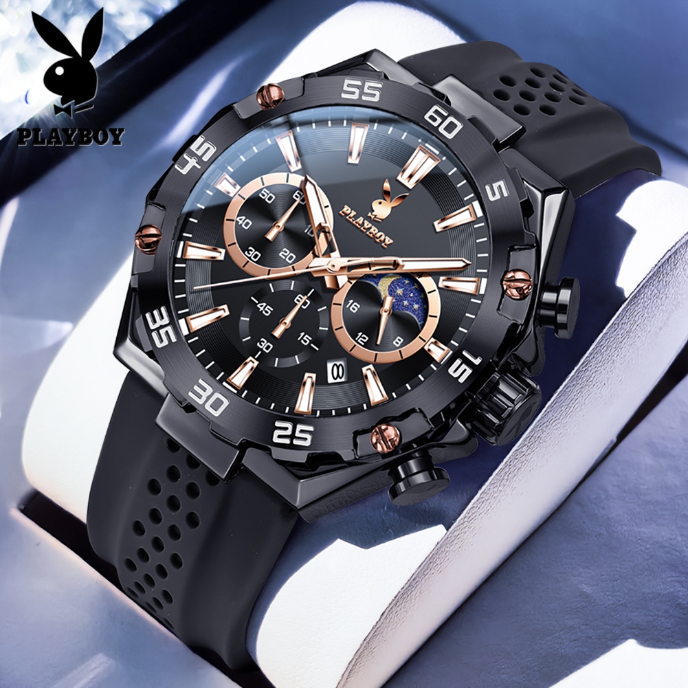 PLAYBOY นาฬิกา ผู้ชาย แฟชั่น watch 100% แท้ นาฬิกาข้อมือกันน้ำได้ ควอตซ์ สีดำ ยาง 3518