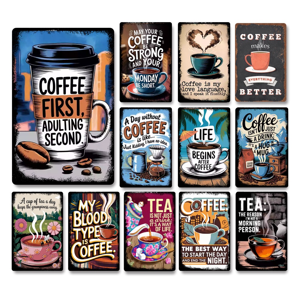 ภาพตกแต่งกาแฟวินเทจ｜โปสเตอร์เหล็ก COFFEE สไตล์วินเทจ｜ภาพผนังร้านคาเฟ่-น้ำชายามบ่าย｜ตกแต่งครัวและร้านอาหารตะวันตก