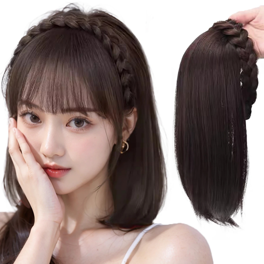 วิกผมสั้น ต่อผม กระดูกปลา พร้อมวิกผมในตัว สีดํา สีน้ําตาล เครื่องประดับผม สําหรับผู้หญิง