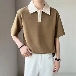 เสื้อโปโลแขนสั้นลายวาฟเฟิลสไตล์เกาหลี สีตัดกัน ดีไซน์หลวมๆ สบายๆ สำหรับสไตล์แคชชวล พรีเมียม ทันสมัย และเข้ากับได้ทุกลุค