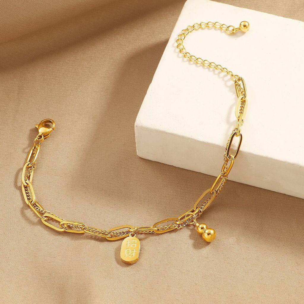 สไตล์จีน Gourd Lucky สร้อยข้อมือไทเทเนียมเหล็กวัสดุ Wont Fade สร้อยข้อมือ 18K Gold Non-Fade สร้อยข้อมือคู่ของขวัญ S01R2