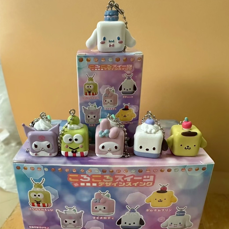 6 ชิ้น/เซ็ต 4 ซม.My Melody Square Face ขนม Key Chain ลูกปัด Pendent Cinnamoroll Kuromi Pom Pom Purin Keroppi Mini PVC ตัวเลขการกระทําตุ๊กตาของเล่น