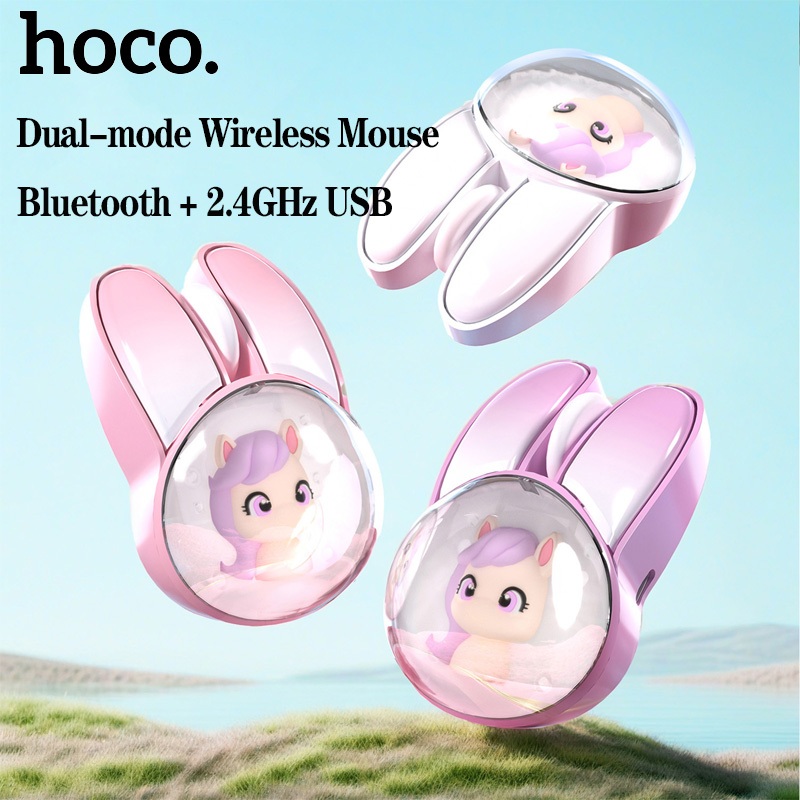 【รุ่นสามารถชาร์จได้】HOCO M12 เมาส์ไร้สายคู่โหมดบลูทู ธ + 2.4GHz รับ USB บลูทู ธ เมาส์เงียบเงียบหูกระต่ายน่ารักสำหรับแล็ปท็อป / เดสก์ท็อป / แท็บเล็ต