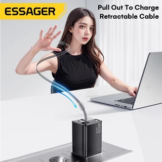 Essager 65W GaN Supert Charger 3-in-1 พร้อมสายแบบพับเก็บได้ในตัว Type-C + พอร์ต USB A เครื่องชาร์จแบบพับได้
