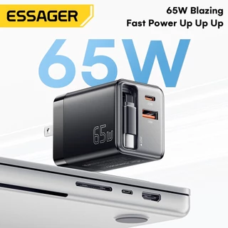 Essager 65W GaN Supert Charger 3-in-1 พร้อมสายแบบพับเก็บได้ในตัว Type-C + พอร์ต USB A เครื่องชาร์จแบบพับได้