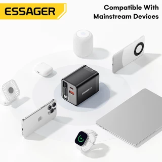 Essager 65W GaN Supert Charger 3-in-1 พร้อมสายแบบพับเก็บได้ในตัว Type-C + พอร์ต USB A เครื่องชาร์จแบบพับได้