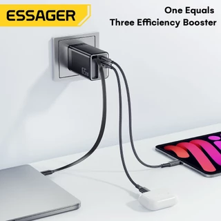 Essager 65W GaN Supert Charger 3-in-1 พร้อมสายแบบพับเก็บได้ในตัว Type-C + พอร์ต USB A เครื่องชาร์จแบบพับได้