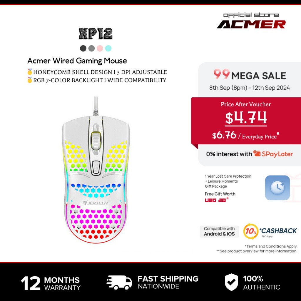 Acmer เมาส์เกมมิ่งแบบมีสายพร้อมแสงหลัง RGB เชื่อมต่อผ่าน USB พร้อมใช้งานทันที น้ำหนักเบา เมาส์เกมมิ่งพร้อมไฟ LED 7 สี ออกแบบแบบเออร์กอนอมิกส์ เหมาะสำหรับใช้งานกับแล็ปท็อป คอมพิวเตอร์ PC และ Mac