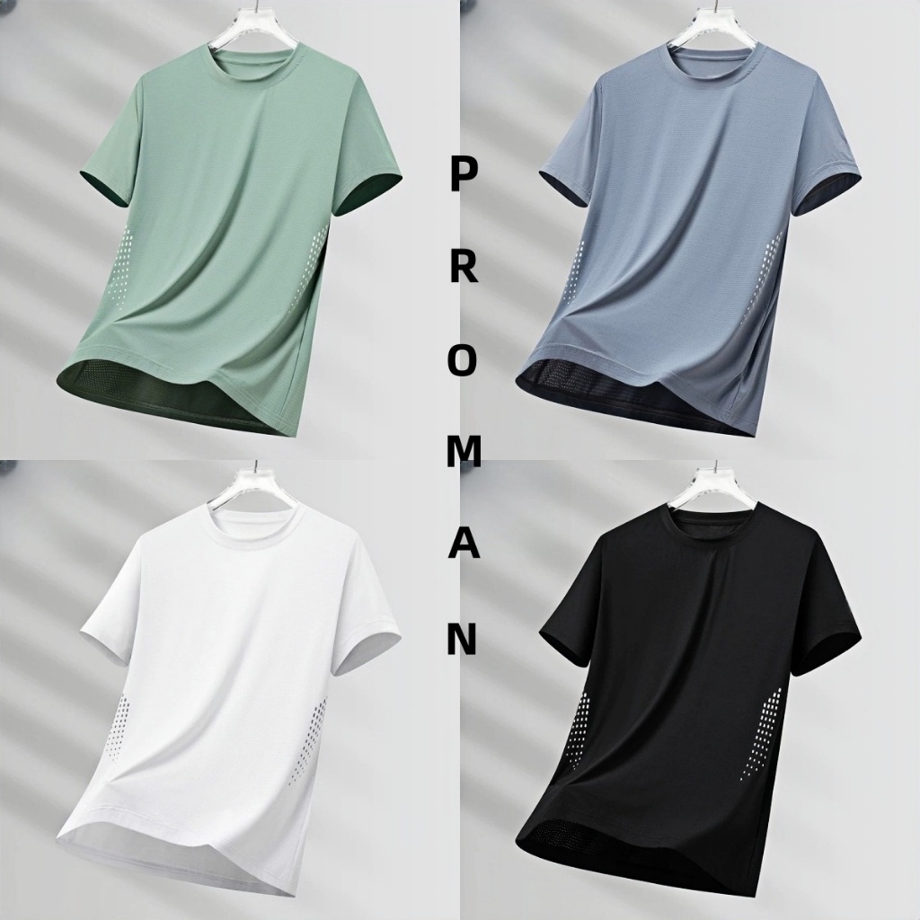 ⚡ProMan⚡แขนสั้นไหมน้ำแข็งสำหรับผู้ชาย  เสื้อยืดกีฬา  สีทึบ  ความเรียบง่าย  oversize