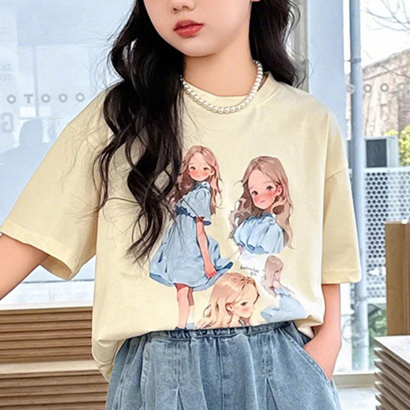 เสื้อยืดแขนสั้นเด็กผู้หญิง 7-14ย พิมพ์กราฟิกสาวการ์ตูนคอลูกเรือทรงหลวมลําลองฤดูร้อนด้านบนสําหรับทุกวันและออกนอกบ้าน