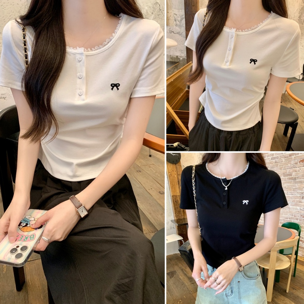 Hotgirl พร้อมส่ง เสื้อยืดผู้หญิง เสื้อยืดสวยๆผู้หญิง ดีไซน์ขอบลูกไม้ ปักโบว์ ติดกระดุม ทรงสลิมฟิต สไตล์เกาหลีหวานๆ