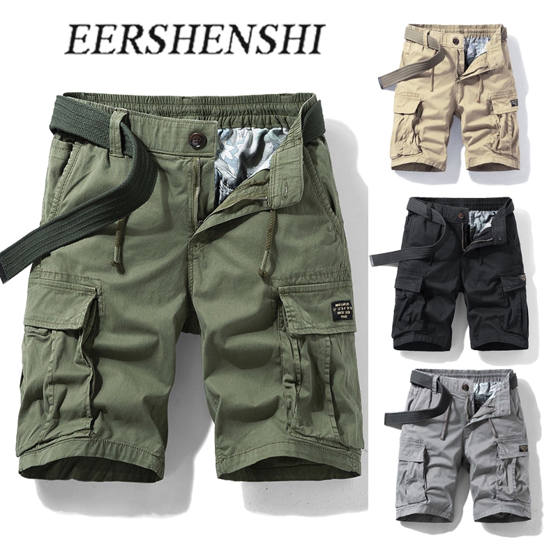Eershenshi กองทัพสีเขียว Workwear กางเกงผู้ชายฤดูร้อนหนักผ้าฝ้ายกระเป๋าลำลองขนาดใหญ่