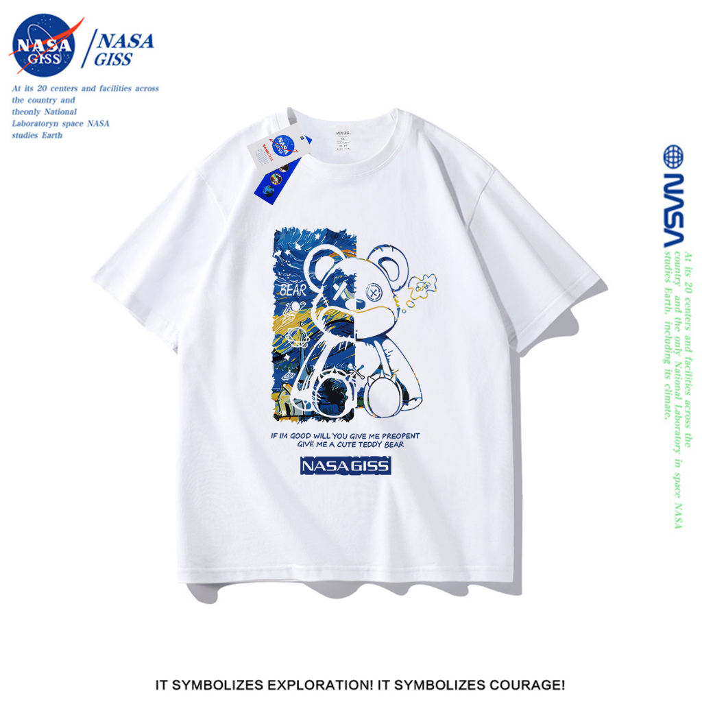 NASA เสื้อยืดชายหญิงแขนสั้น สตรีทฮิปฮอป summer nasaหมี พิมพ์ลาย คอตตอน คอกลม หลวมและระบายอากาศ