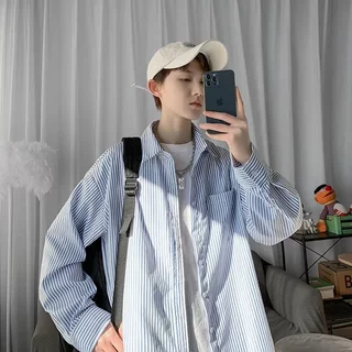 เสื้อแจ็กเก็ตแขนยาว แบบบาง ทรงหลวม ลายทาง แฟชั่นฤดูใบไม้ร่วง สไตล์เกาหลี และญี่ปุ่น สําหรับผู้ชาย