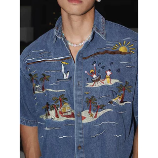เสื้อเชิ้ตแขนสั้นวัยรุ่นผ้ายีนส์ เสื้อครึ่งแขนทรงหลวมและอเนกประสงค์อินเทรนด์
