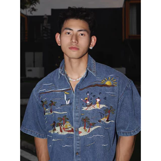 เสื้อเชิ้ตแขนสั้นวัยรุ่นผ้ายีนส์ เสื้อครึ่งแขนทรงหลวมและอเนกประสงค์อินเทรนด์