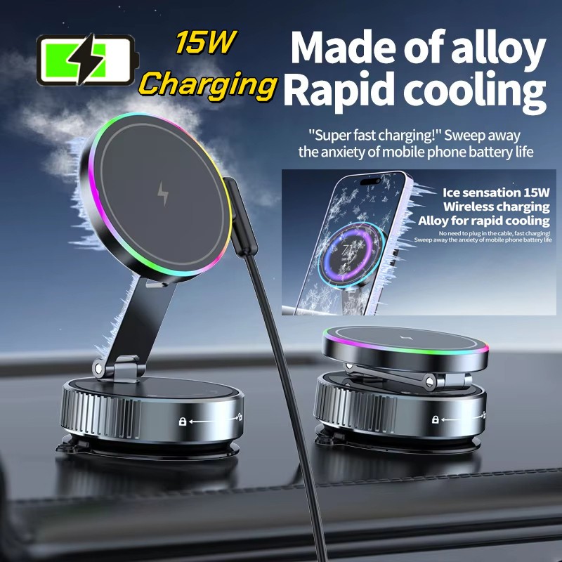 2026 ใหม่ เค3 เค5 รถแม่เหล็กแท่นชาร์จไร้สายพับได้ 15W แสงที่มีสีสันถ้วยดูดสูญญากาศที่วางโทรศัพท์
