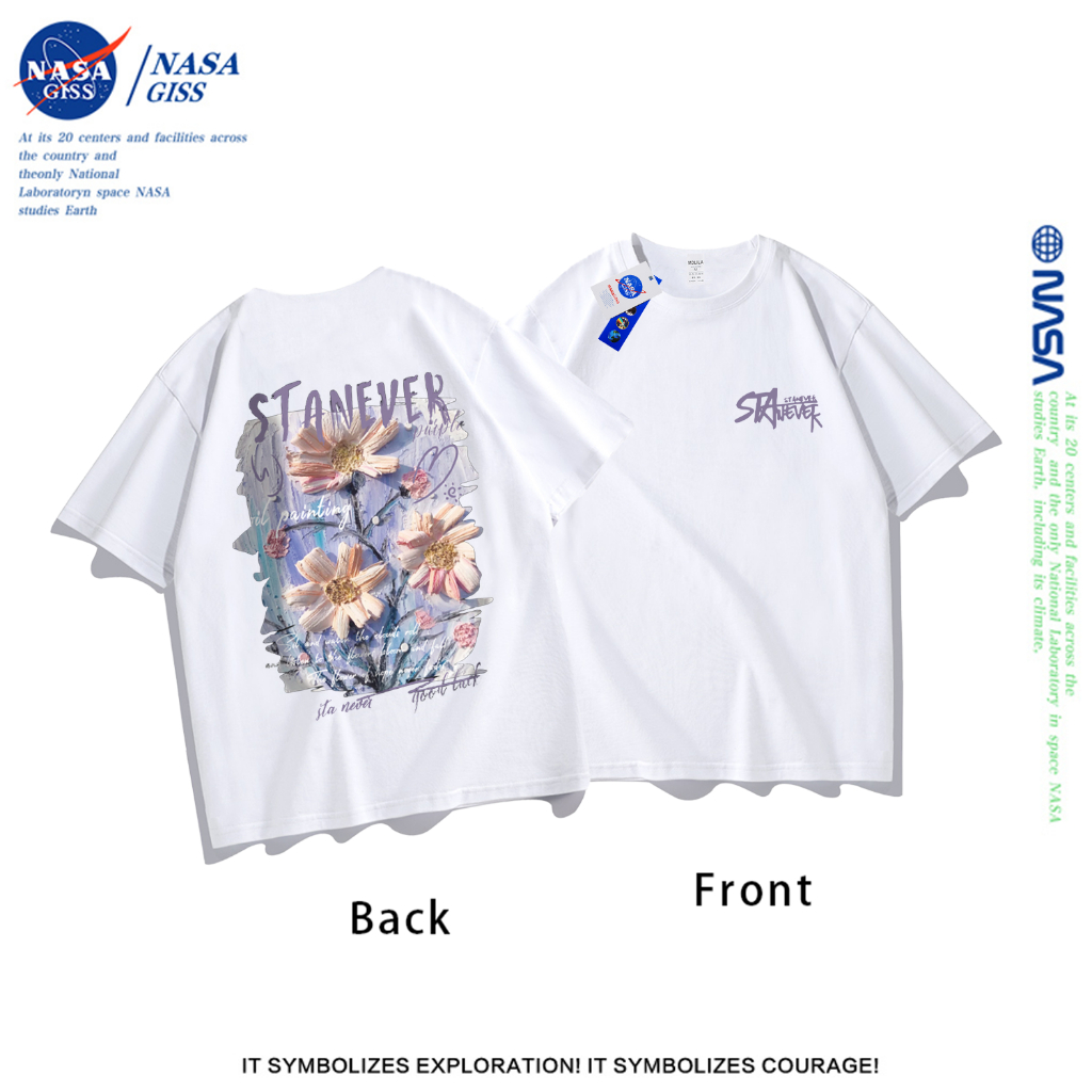NASA เสื้อยืดชายหญิงแขนสั้น สตรีทฮิปฮอป summer flowerDaisy พิมพ์ลาย คอตตอน คอกลม หลวมและระบายอากาศ