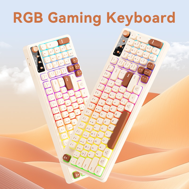 BOW K520 สามโหมด Series คีย์บอร์ดตามหลักสรีรศาสตร์แบบชาร์จไฟได้ RGB Backlight Gaming แบบมีสายไร้สายบลูทูธคีย์บอร์ดเมมเบรนครีม