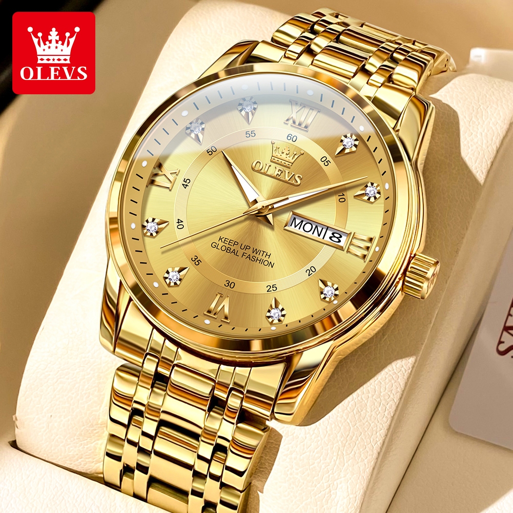 OLEVS นาฬิกาผู้ชาย กันน้ำ 100% แท้ ธุรกิจ สายสแตนเลส ส่องสว่าง ดูวันที่ เรียบง่า