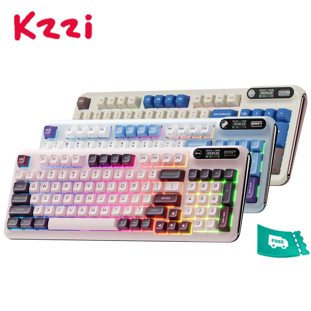 KZZI Z98 Nezuko สีม่วง 94 โครงสร้างปะเก็นที่สําคัญสามโหมดบลูทูธไร้สายพร้อมหน้าจอ TFT คีย์บอร์ดเกม RG