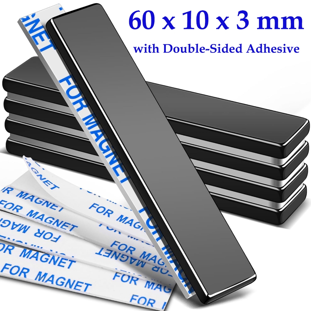 60 x 10 x 3 มม. บาร์แม่เหล็กโลกหายากที่แข็งแกร่ง, แม่เหล็กบาร์นีโอไดเมียมกันน้ําพร้อมกาวสองหน้า, แม่เหล็กนีโอไดเมียมที่แข็งแกร่งสีดํา