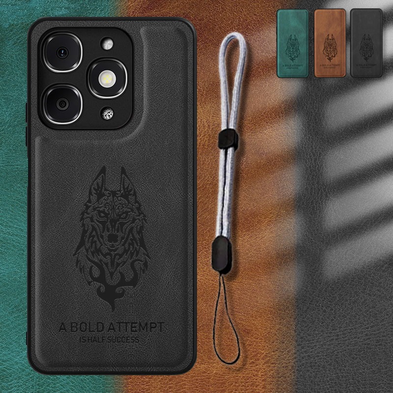 ซองหนังสําหรับ Itel A90 A6610L เคสโทรศัพท์พร้อมเชือกโทรศัพท์แบบปรับได้การออกแบบหมาป่า