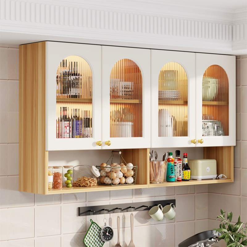 ตู้ติดผนังครัวบานกระจก ตู้ติดผนังไม้เนื้อแข็งสไตล์ครีม ตู้ครัว ชั้นวางของในครัว ประหยัดพื้นที่ ขนาดใหญ่ ชั้นวางพร้อมตู้เก็บของ