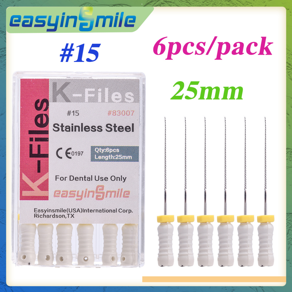 6 ชิ้น/แพ็ค EASYINSMILE ทันตกรรม Endodontic K-File 15Dental Root Canal ทําความสะอาด Smooth เข็มใช้ E