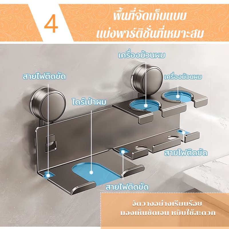 ชั้นวางไดร์เป่าผม ที่แขวนไดร์เป่าผม ติดผนัง ที่เก็บไดร์เป่าผม อลูมิเนียมคุณภาพสูง ไม่ต้องเจาะผนัง - รูปที่ 3