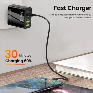 อะแดปเตอร์ชาร์จเร็ว 180W USB QC 3.0 PD USB Type C หัวชาร์จเร็ว 5 พอร์ต หัวชาร์จ Adapter สําหรับ Laptop/Type-C/phone