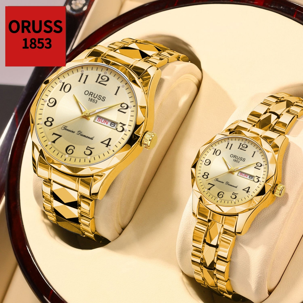 ORUSS รัส คู่เดิมหรูหราปฏิทินคู่กันน้ําเรืองแสงทองสแตนเลสนาฬิกาแฟชั่นเกาหลีรุ่นควอตซ์นาฬิกาข้อมือ