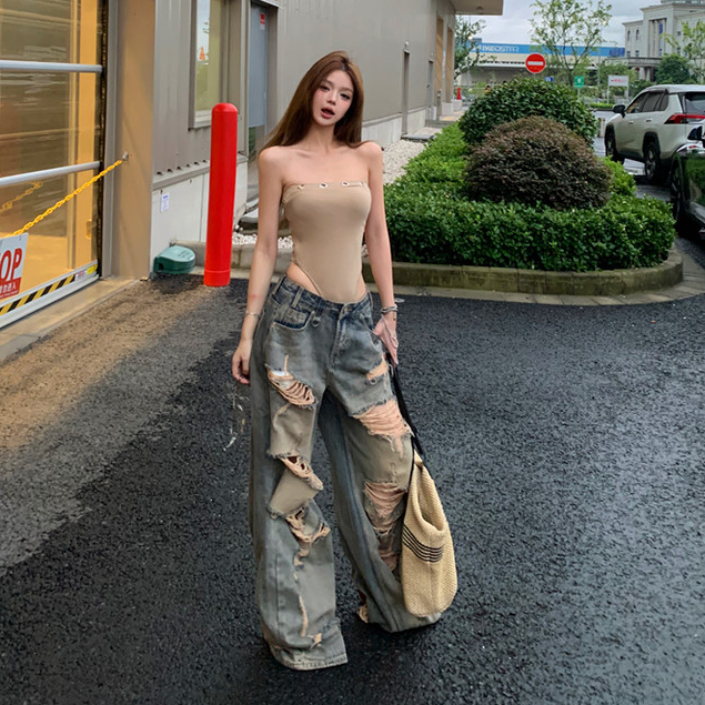 Liasynn กางเกงยีนส์ผู้หญิงสไตล์อเมริกัน แบบ loose slim fit ripped สไตล์ลำลองสำหรับผู้หญิง